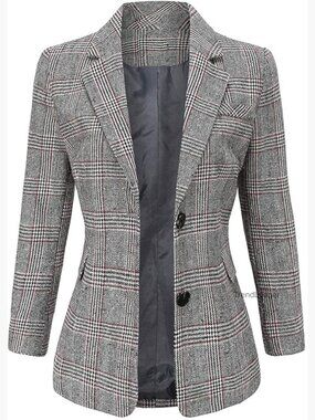 Notch Lapel 2 Button Boyfriend Blazer Houndstooth Plaid Jacket Coat